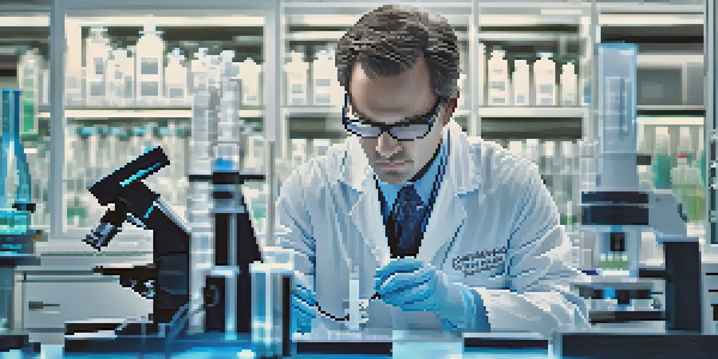 A scientist in a modern laboratory examining nanoparticles under a microscope, surrounded by advanced technology and glassware.