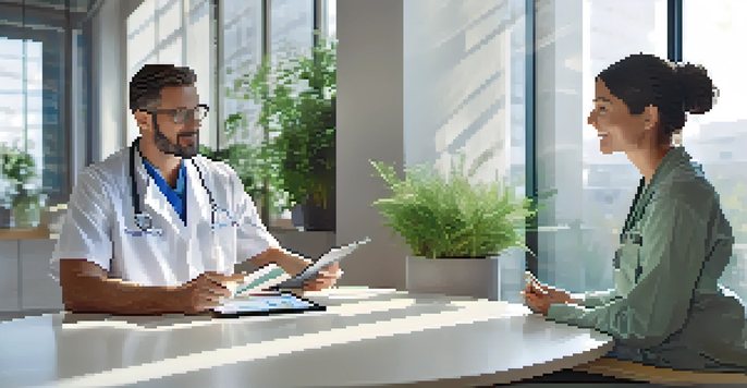 A healthcare professional and a patient engaged in a discussion in a modern clinic, with a digital tablet in view.