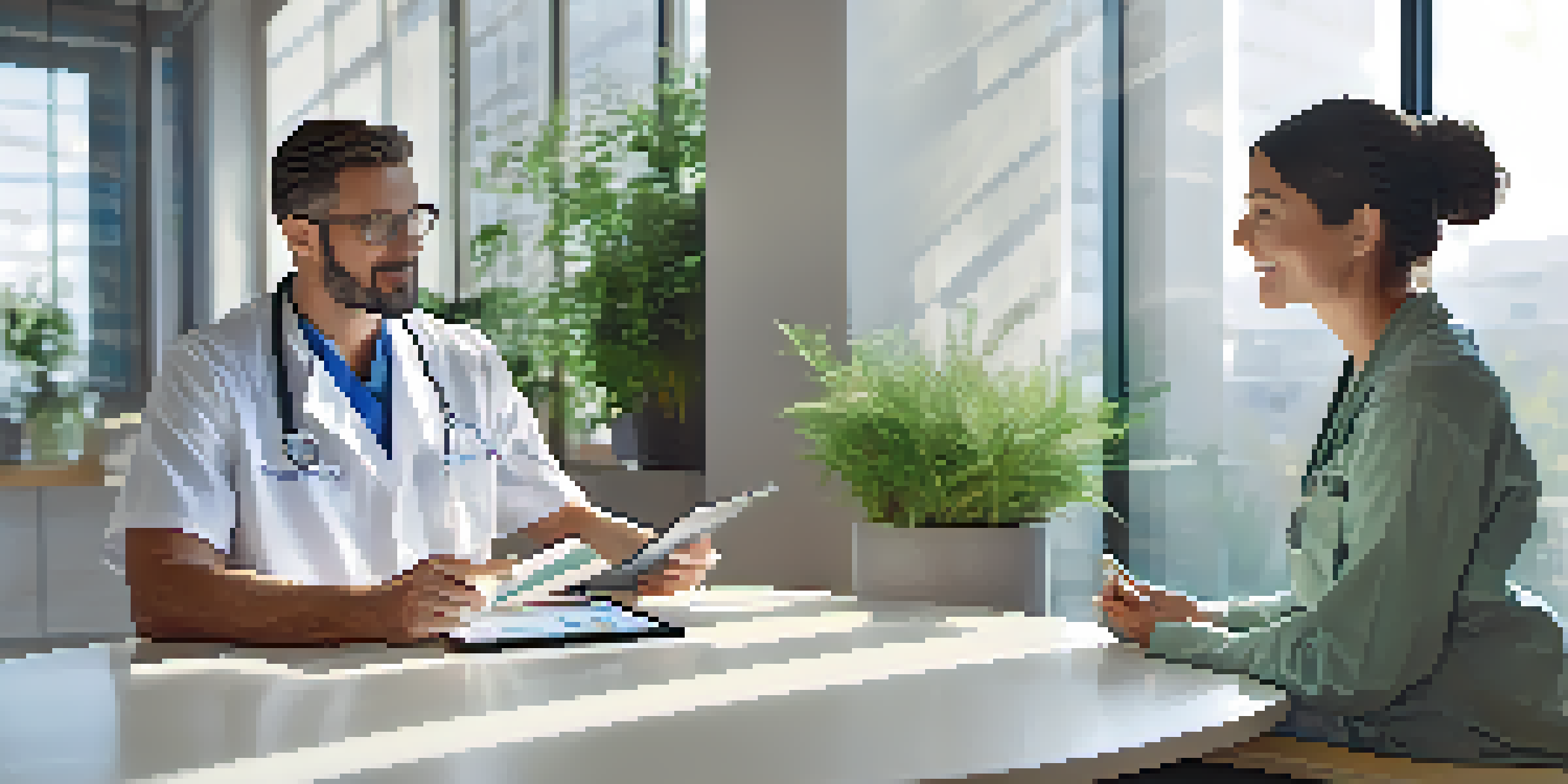 A healthcare professional and a patient engaged in a discussion in a modern clinic, with a digital tablet in view.