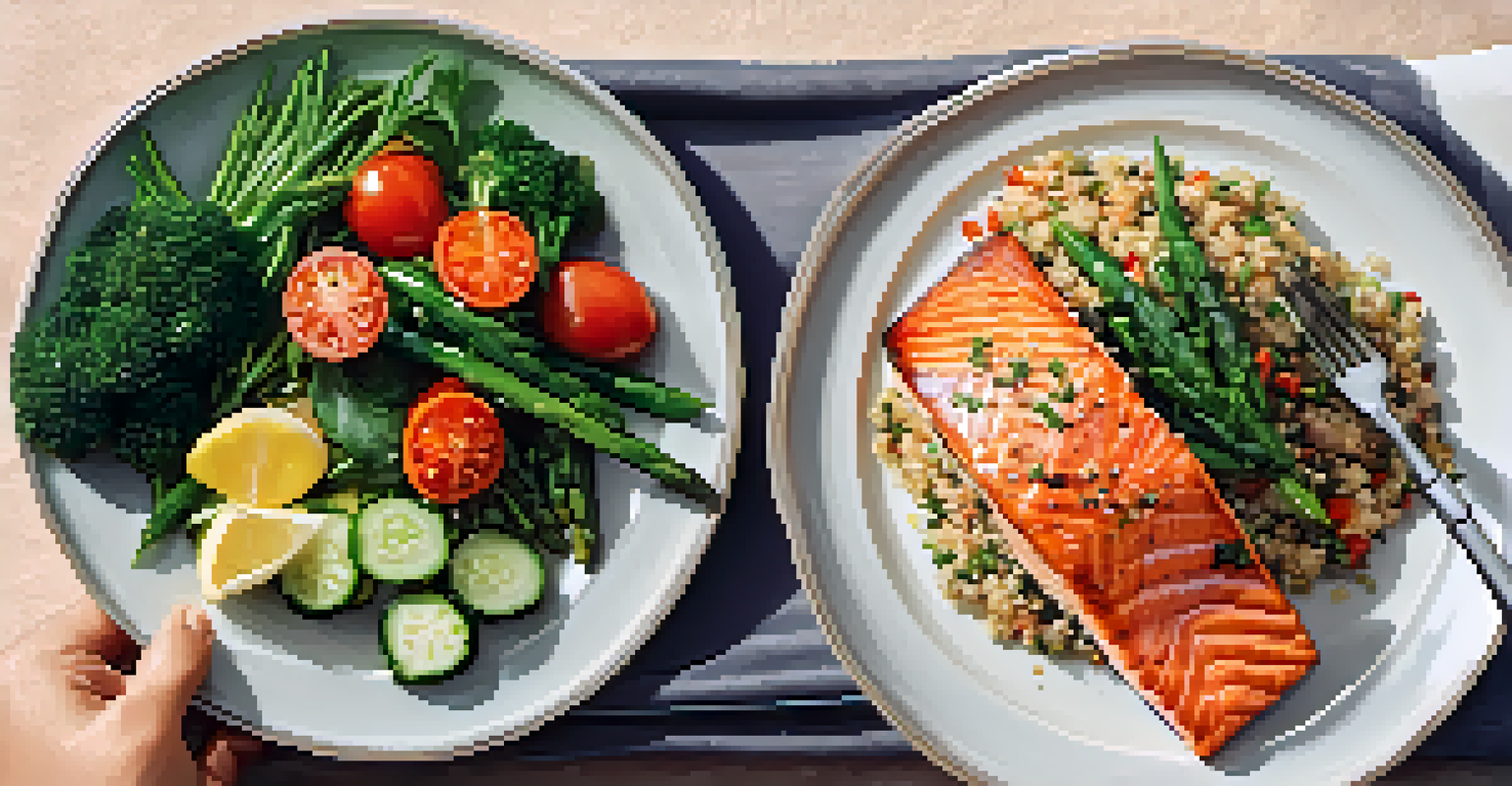 A close-up of a plate with grilled salmon, quinoa, and steamed vegetables, held by a person in a softly lit dining setting.