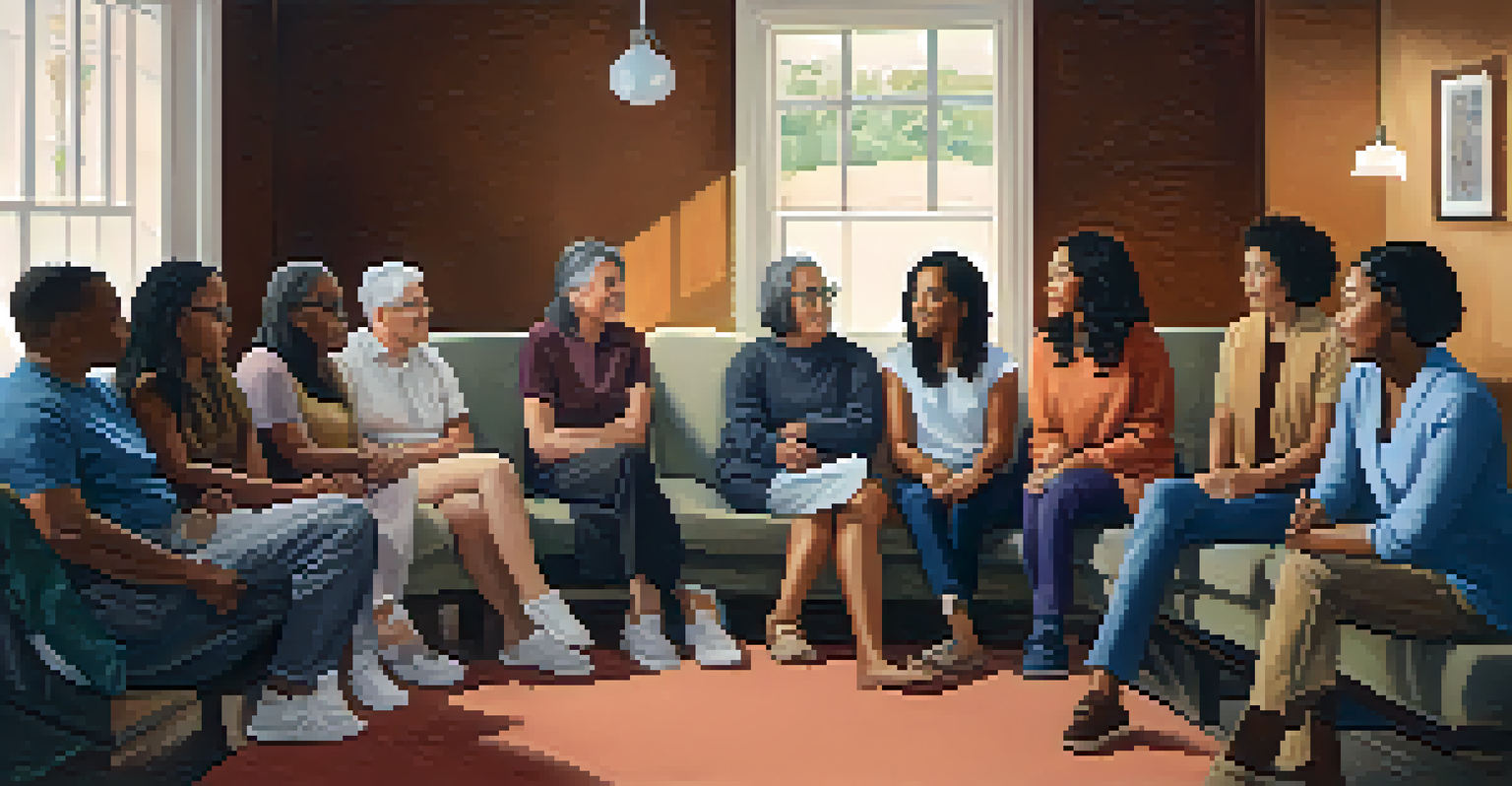 A diverse support group meeting with people sharing experiences about rare genetic disorders in a warm setting.
