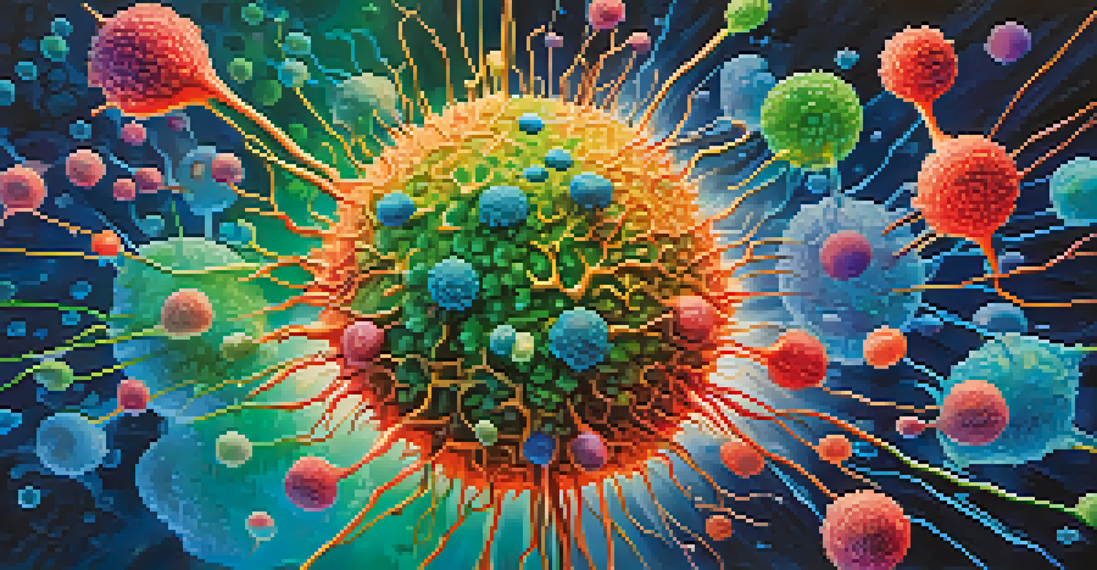 An abstract depiction of the immune system attacking cancer cells in a colorful and dynamic style.