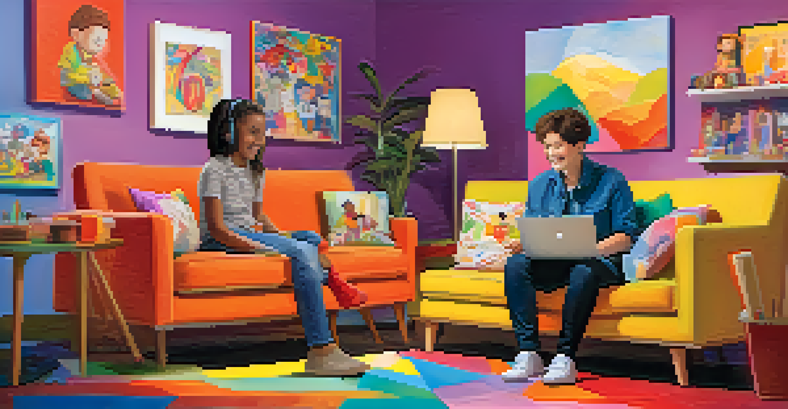 A therapist using a puppet to engage with a child during a teletherapy session, with a colorful and playful background.