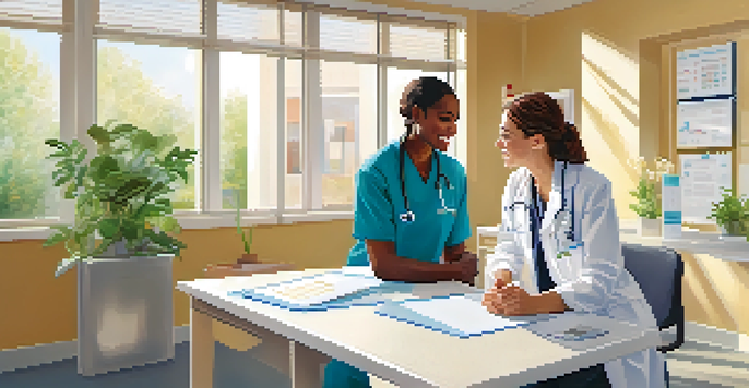 A healthcare provider explains health information to a patient using visual aids in a bright clinic.