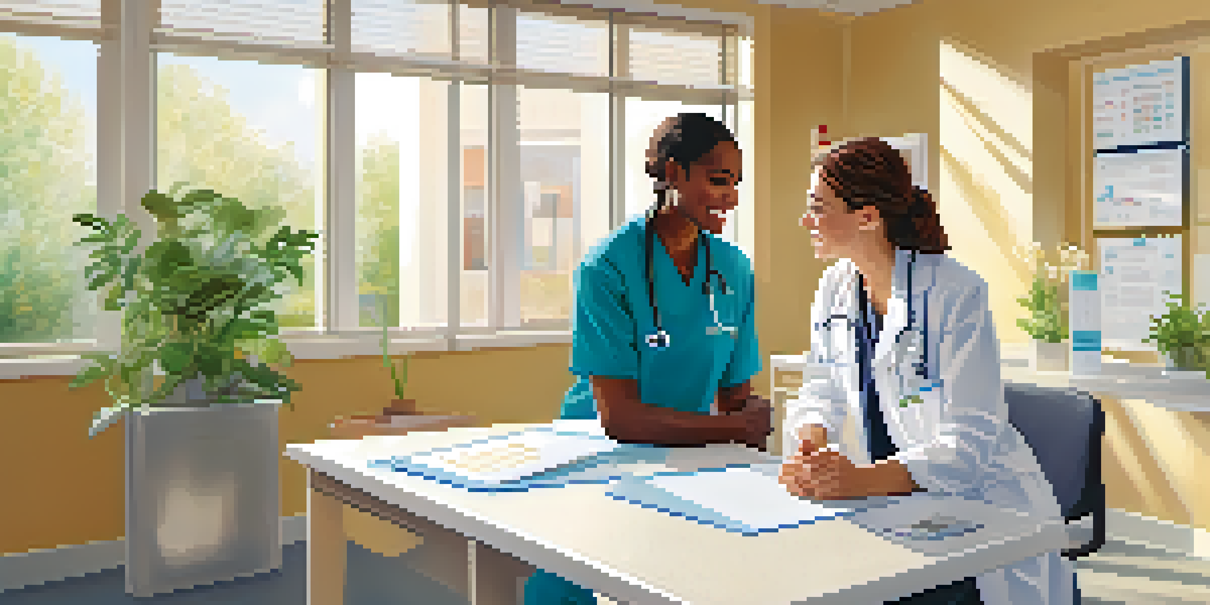 A healthcare provider explains health information to a patient using visual aids in a bright clinic.