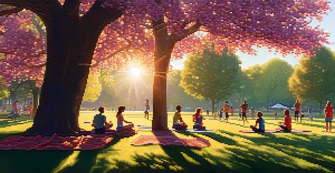A peaceful park filled with people of different backgrounds participating in activities like jogging and yoga, surrounded by lush greenery and colorful flowers under the warm sunlight.
