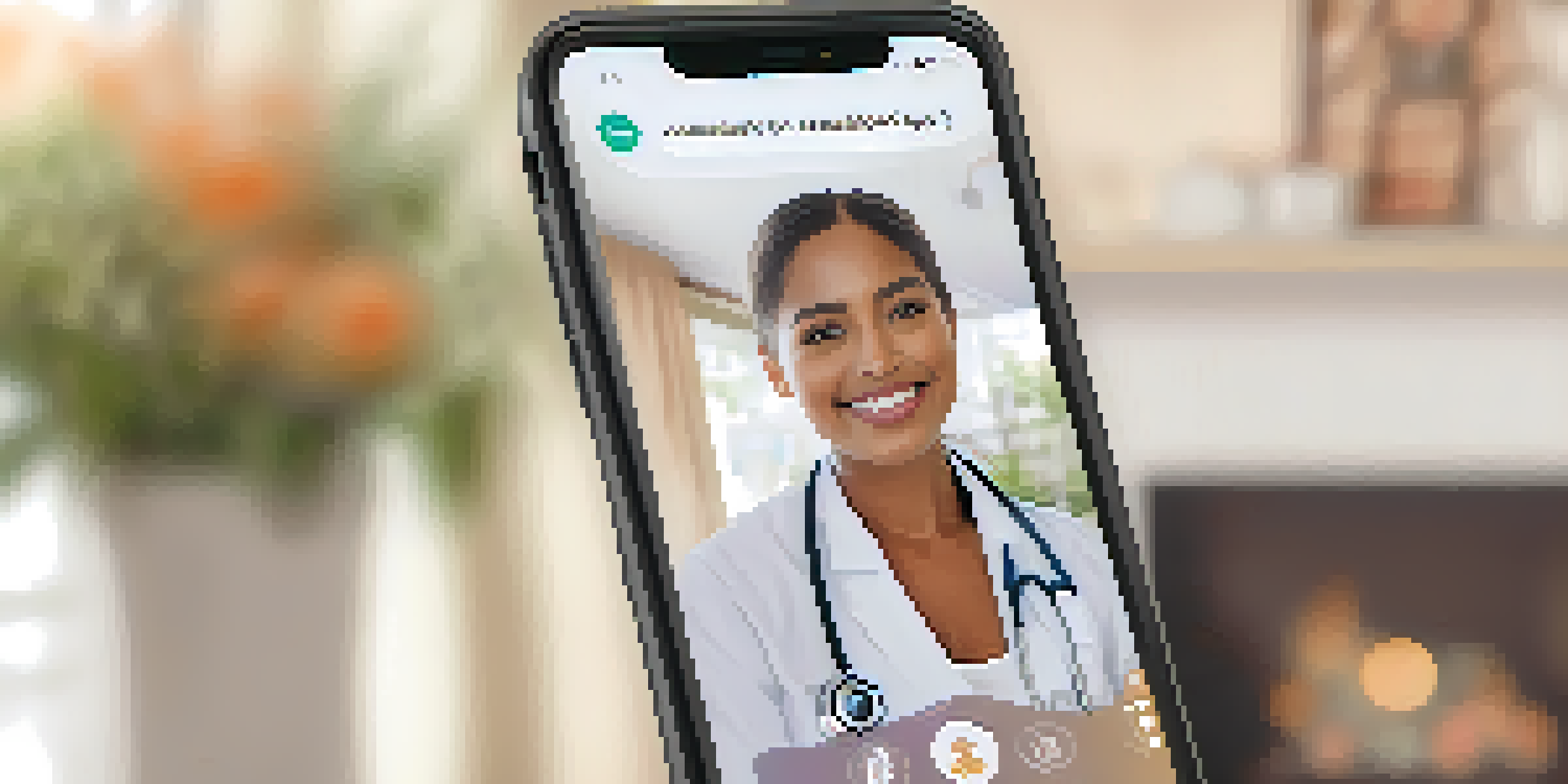 A smartphone with a telemedicine app open, showing a virtual consultation with a doctor, set in a cozy living room.
