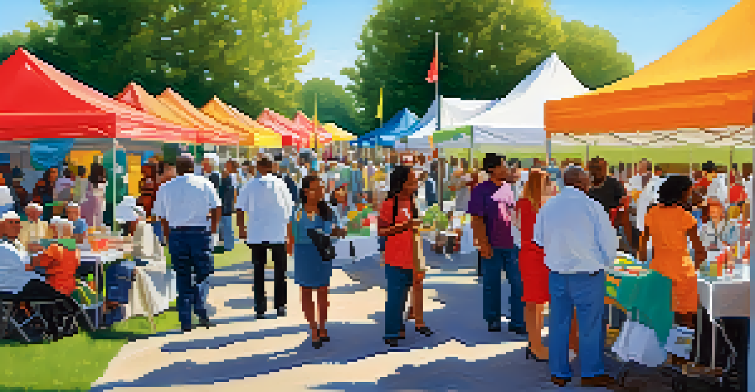 A lively outdoor community health event with diverse healthcare professionals and families interacting under colorful tents.