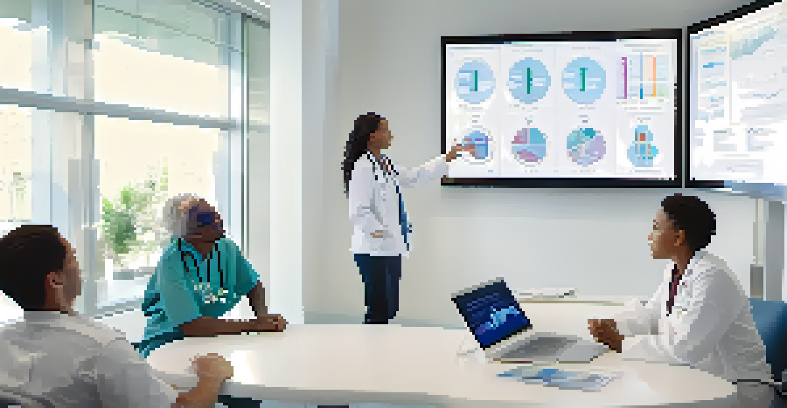 A healthcare professional explaining treatment options to a diverse group of patients in a bright clinic, with charts and a health data screen in the background.