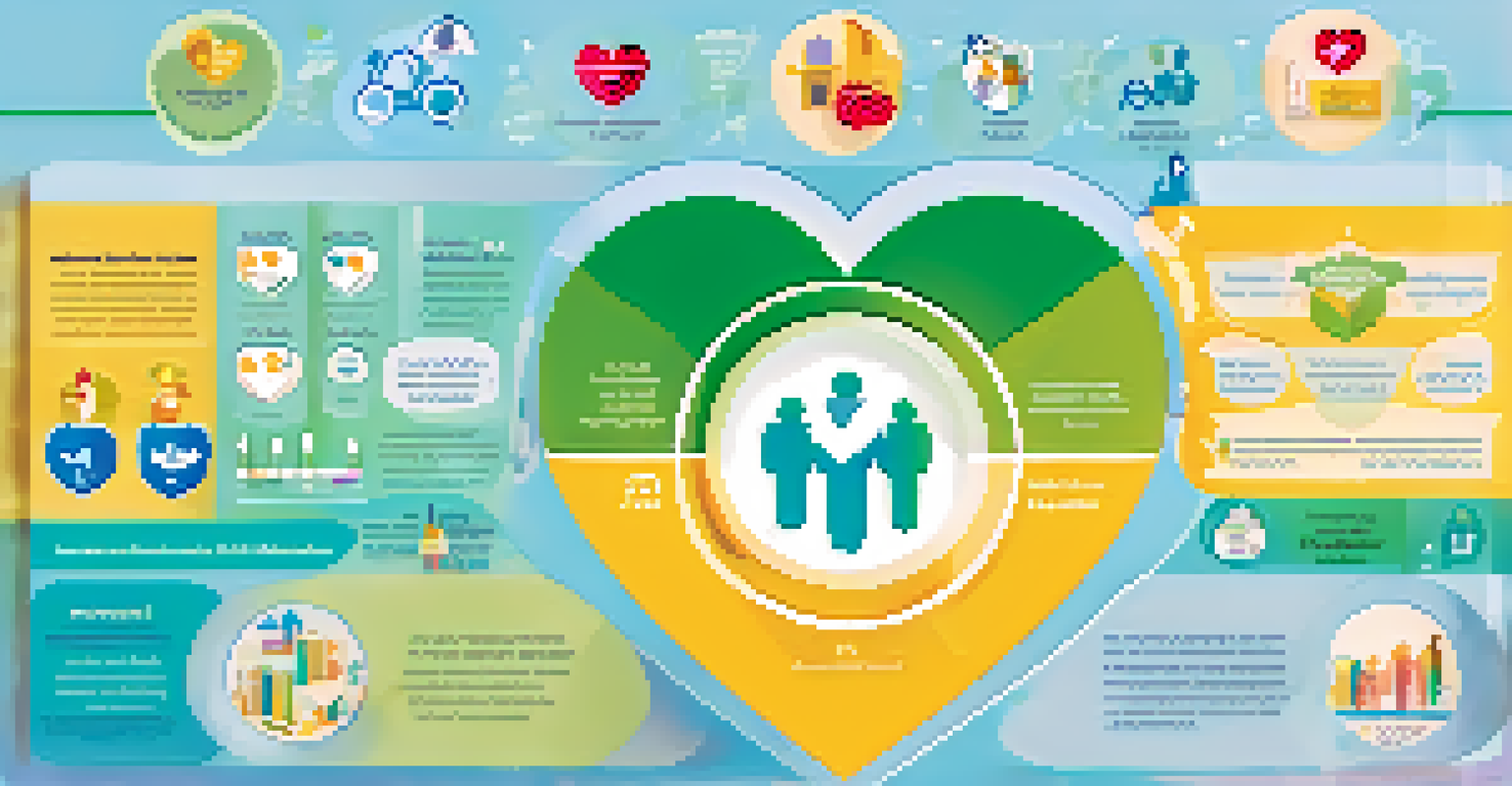 An infographic illustrating the benefits of preventive healthcare with icons for vaccinations, screenings, and wellness checks around a heart symbol.