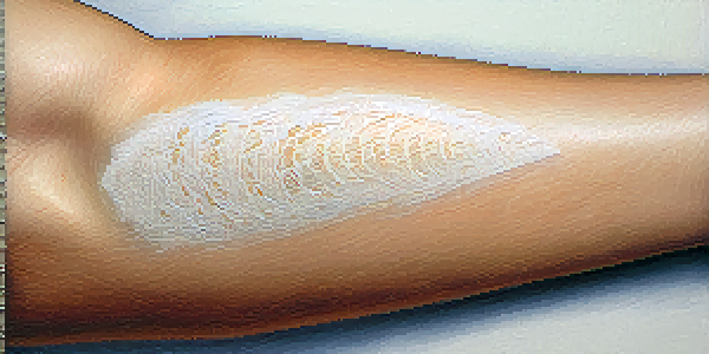 A detailed view of a transdermal patch on a person's forearm, focusing on the texture and adhesive layer of the patch.