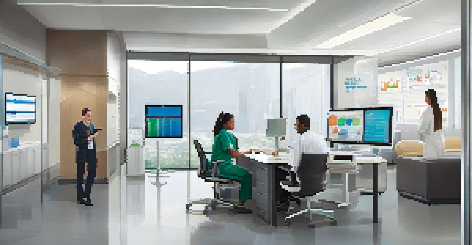 A healthcare team discussing a patient's electronic health record in a modern office environment.