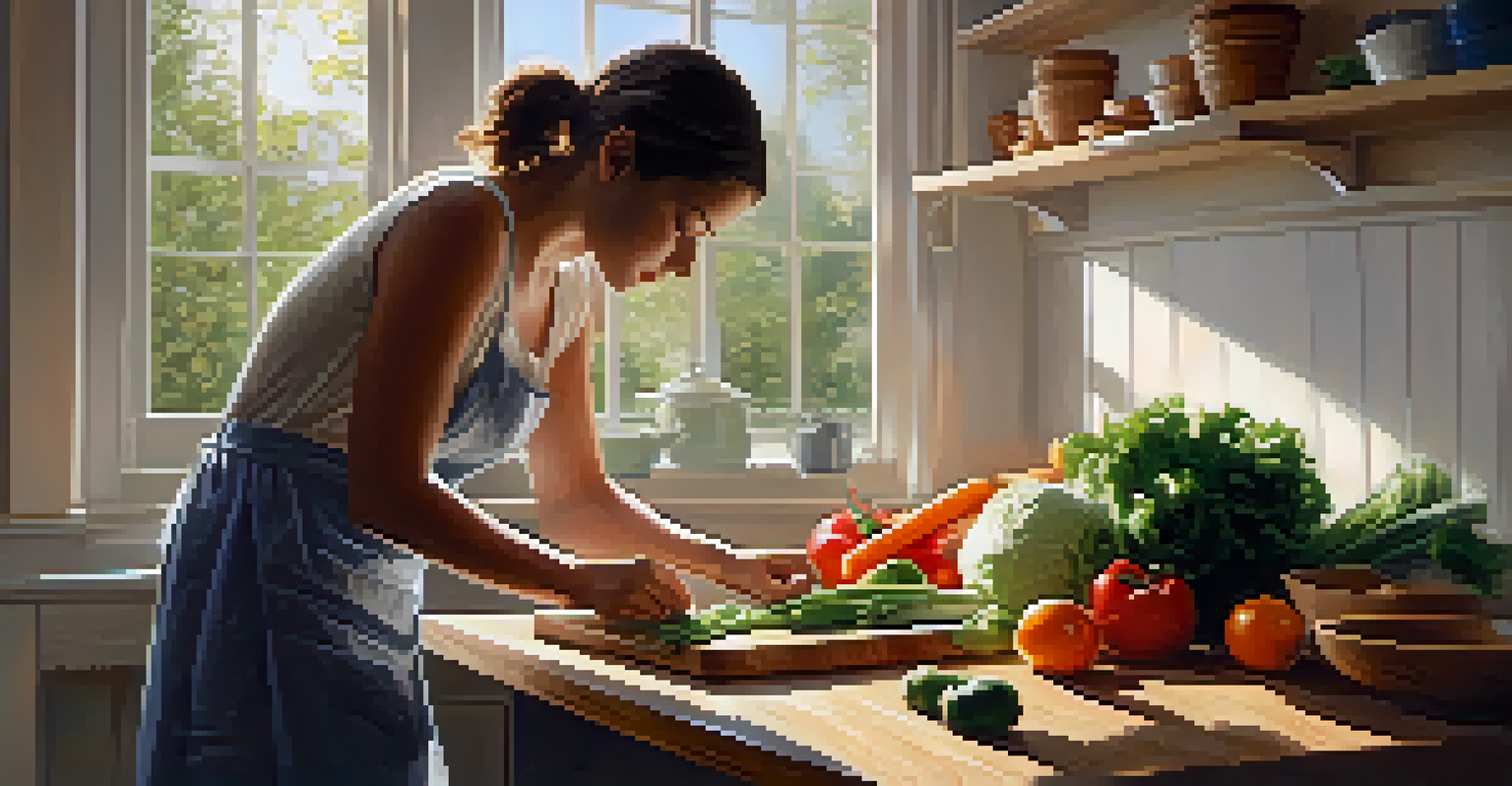 A person chopping fresh vegetables in a bright kitchen, highlighting the preparation of a healthy meal.