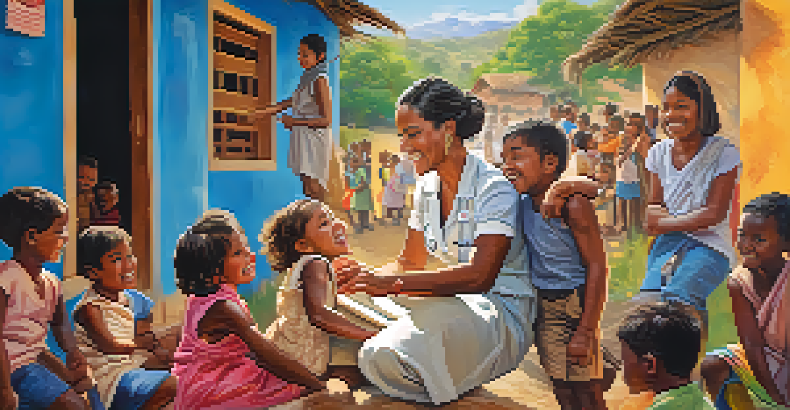 A global health worker administering vaccines to children in a rural community, showcasing joyful expressions and colorful murals.