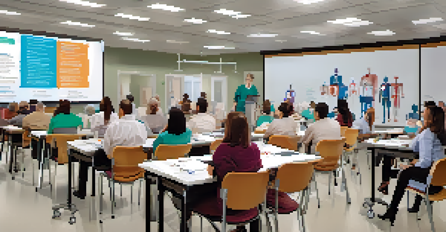 Healthcare professionals participating in a training session focused on patient safety and technology in a well-equipped classroom.