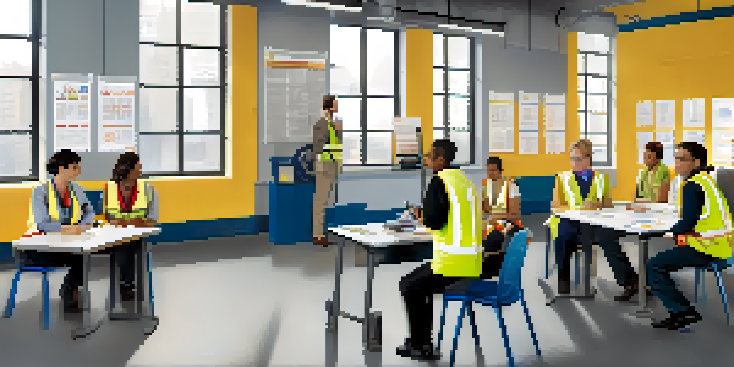 A diverse group of employees in a bright training room, engaged in a safety training session with safety equipment visible.