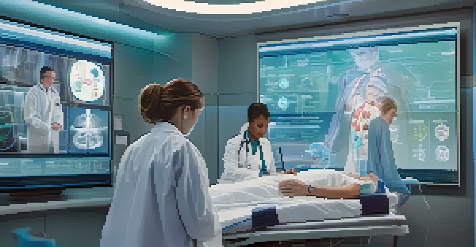 A healthcare professional using wearable technology in a modern clinic, with a holographic display of health metrics.