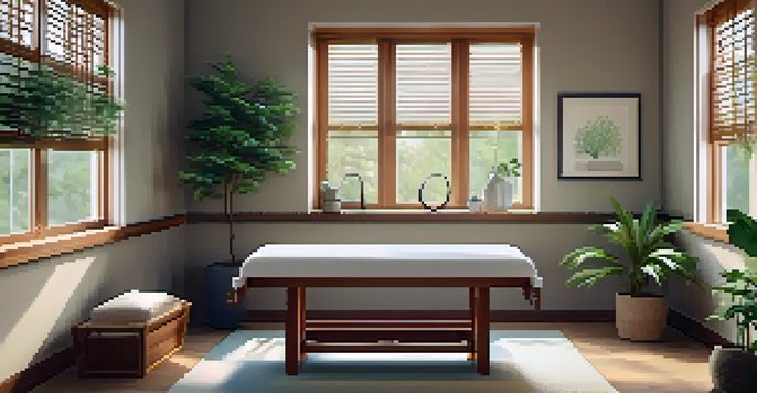 A calming acupuncture treatment room with soft lighting, a treatment table, and nature-inspired artwork.