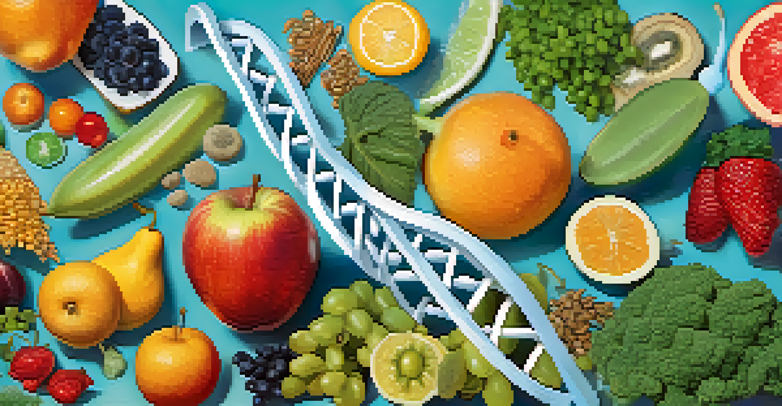 An abstract image showing DNA strands intertwined with food items like fruits and vegetables, with a soft blue and green background symbolizing health.