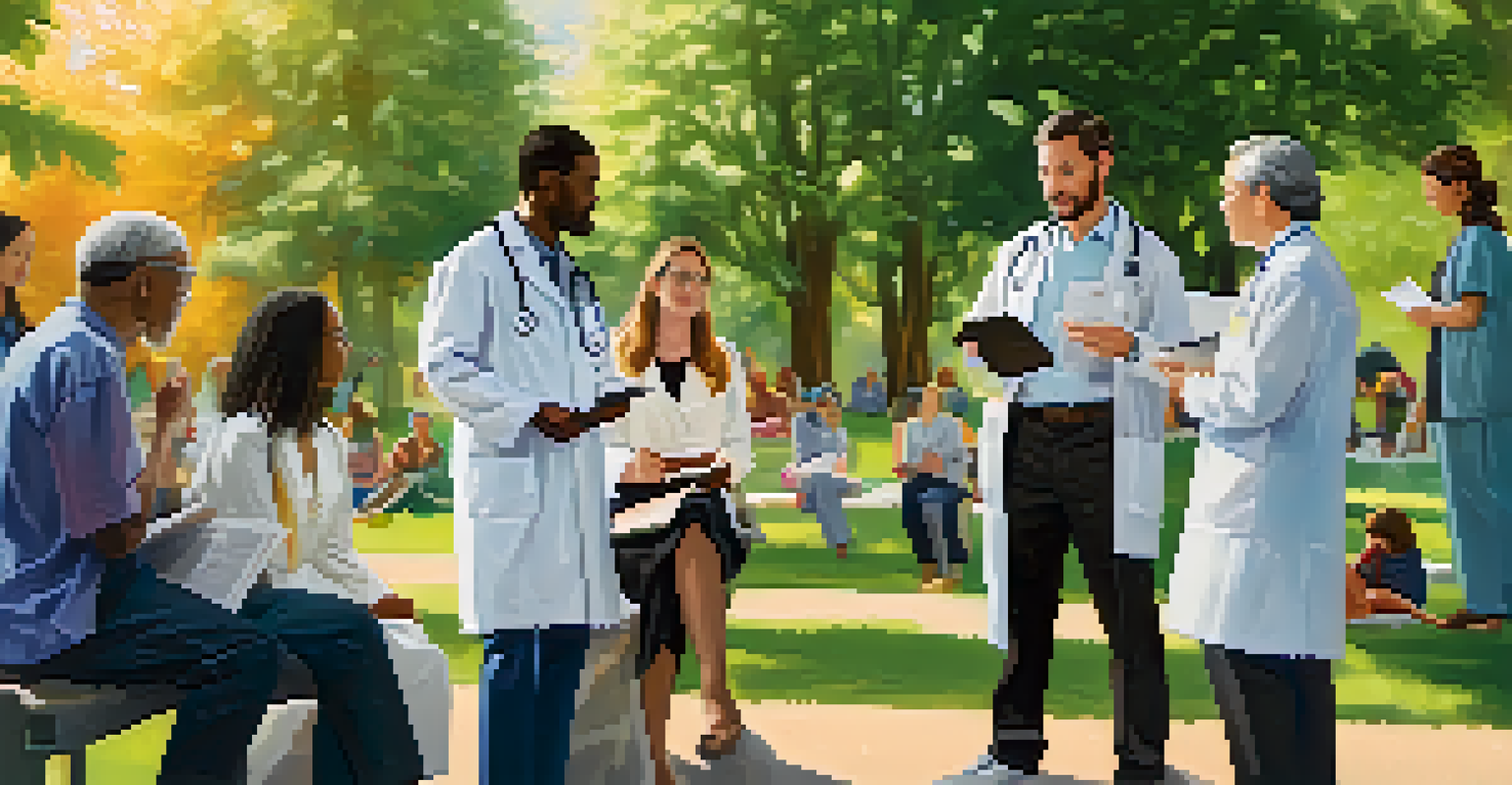 Healthcare professionals discussing research with patients in a sunny park, showcasing community engagement.