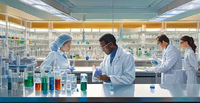 Scientists in a laboratory working on vaccine research, with vials and lab equipment around them.