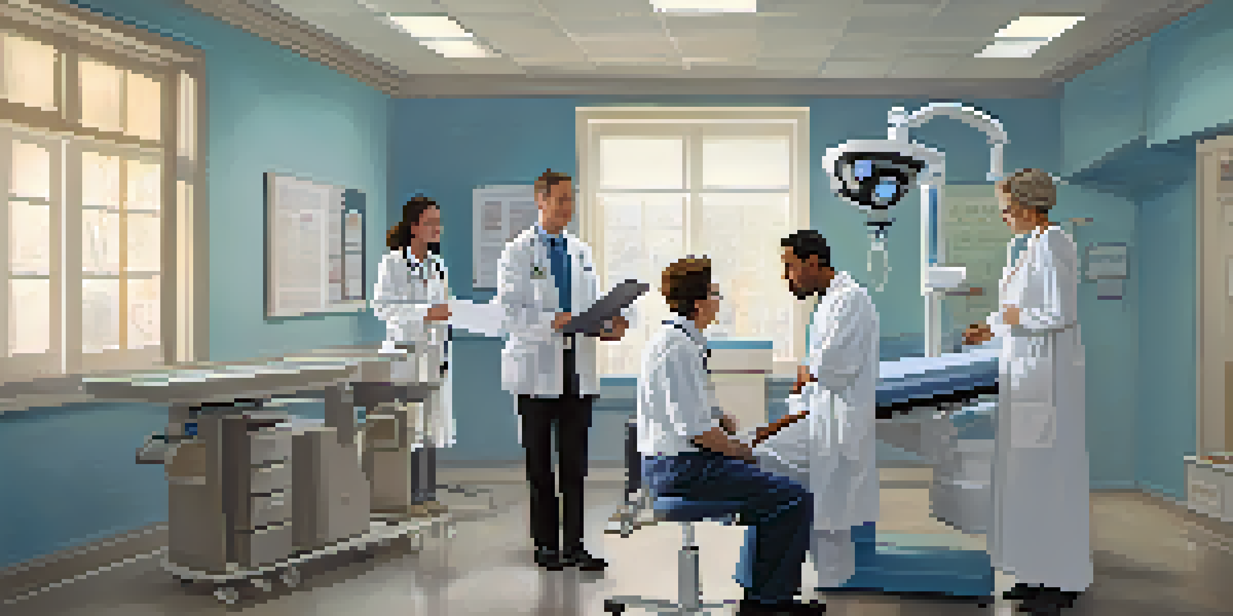 A doctor reviewing documents with a patient in a bright examination room, showcasing a supportive healthcare environment.