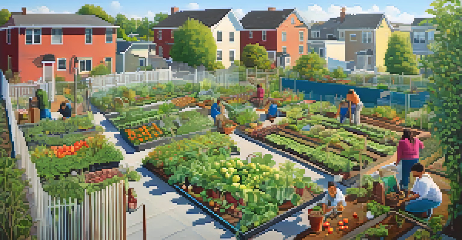 A community garden in an urban setting with people tending to plants, surrounded by modest houses.