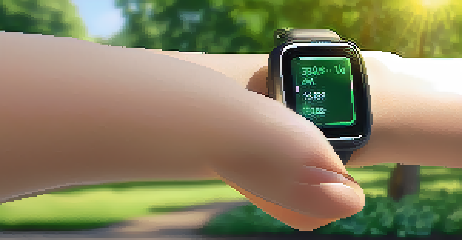 A close-up of a hand wearing a smartwatch that shows health data, set against a blurred background of a sunny park.
