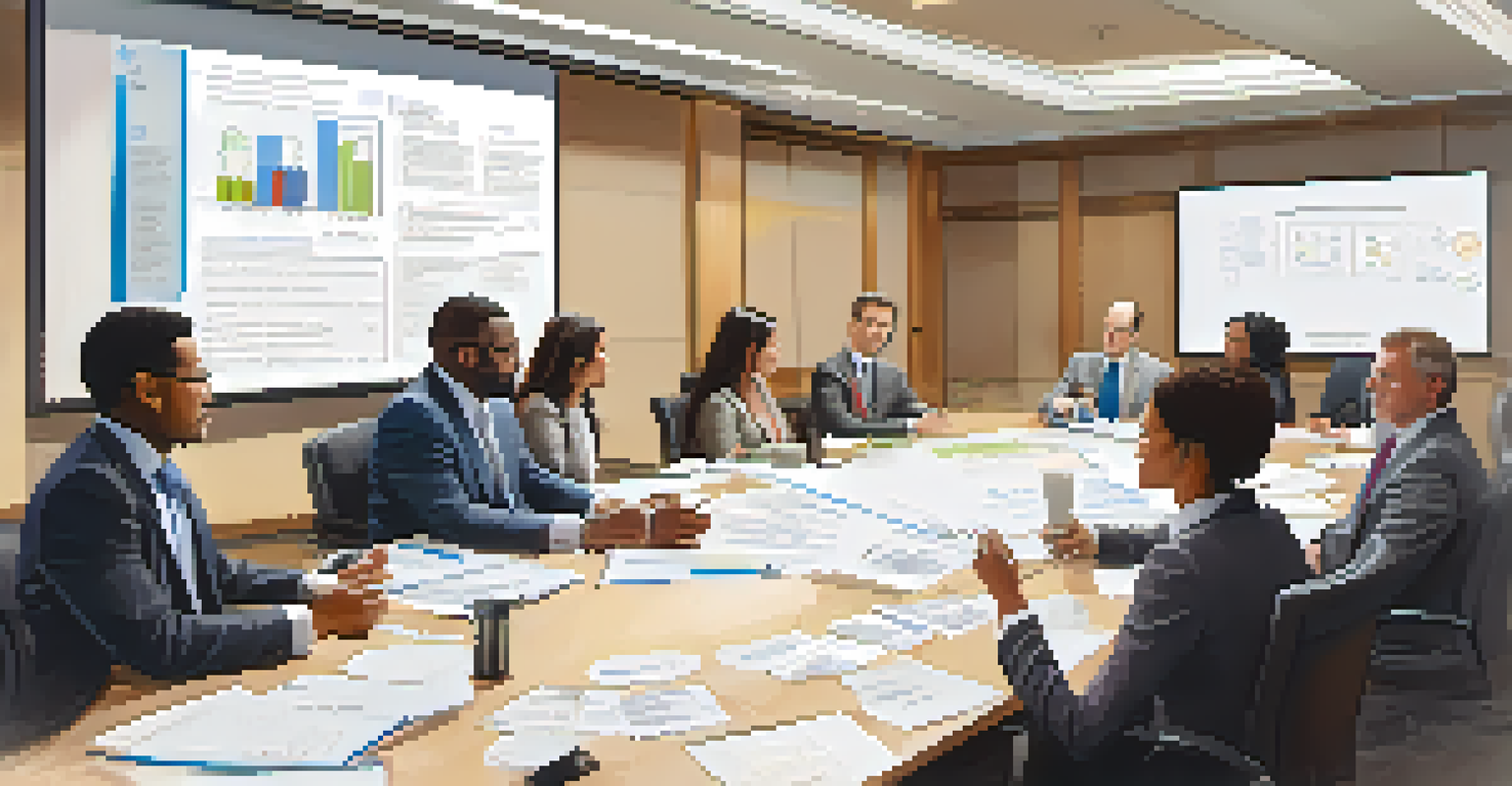 A diverse group of stakeholders discussing budget impact analysis in a conference room, with papers and digital devices on the table.