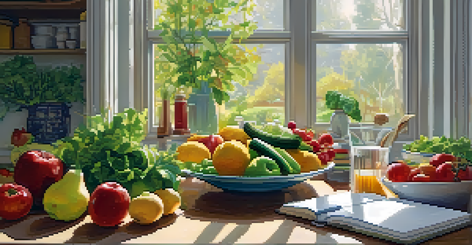 A kitchen table with fresh fruits, vegetables, and a colorful salad being prepared, illuminated by morning light.
