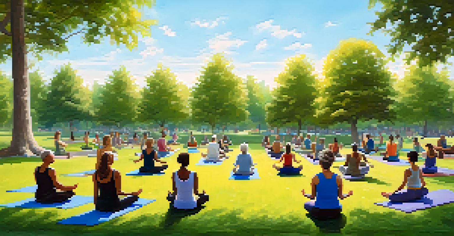 A diverse group of individuals practicing restorative yoga in a peaceful park setting with trees and a blue sky.