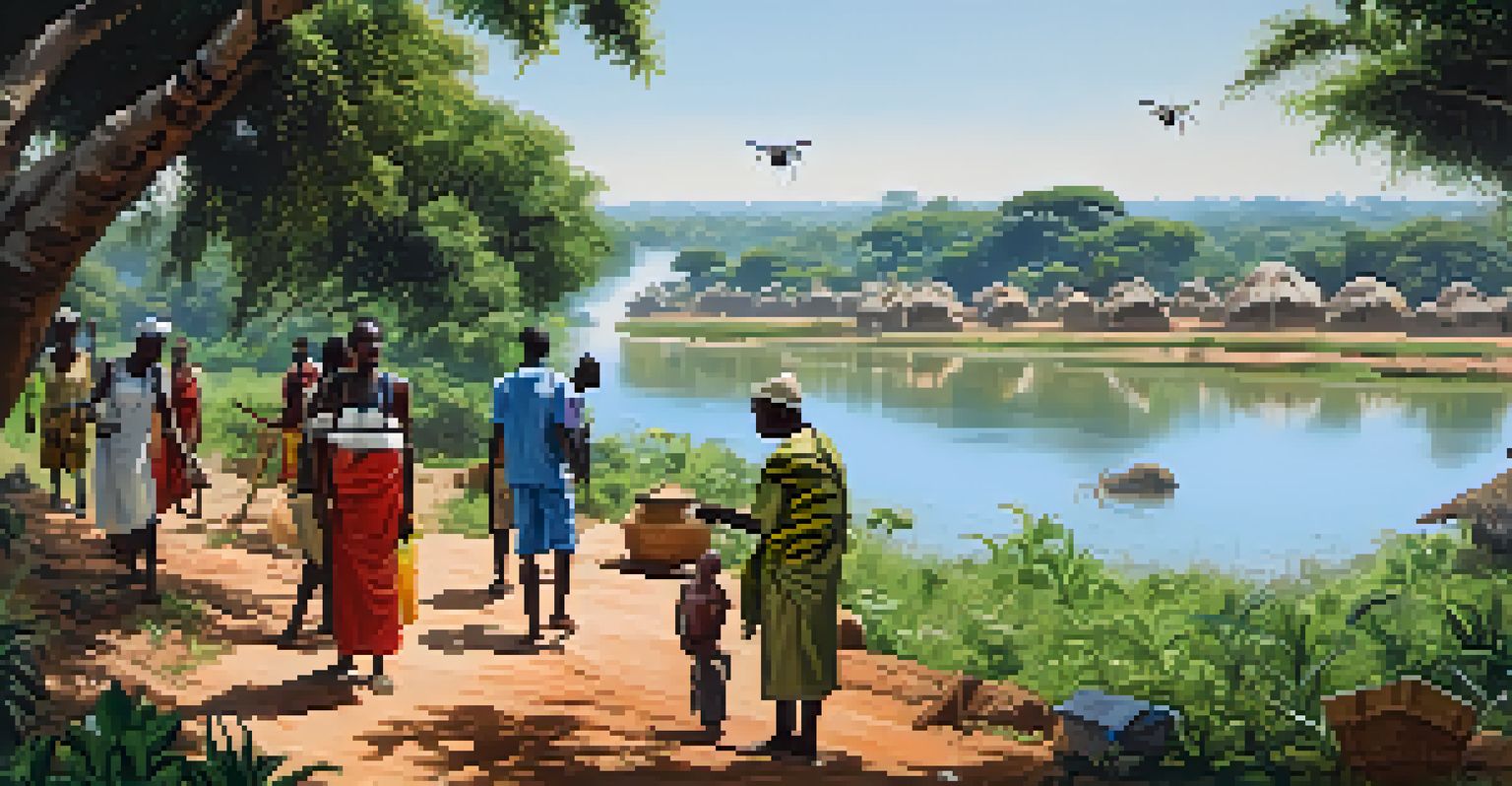 A peaceful village in sub-Saharan Africa, showing locals in protective clothing and a tsetse fly trap near a river.