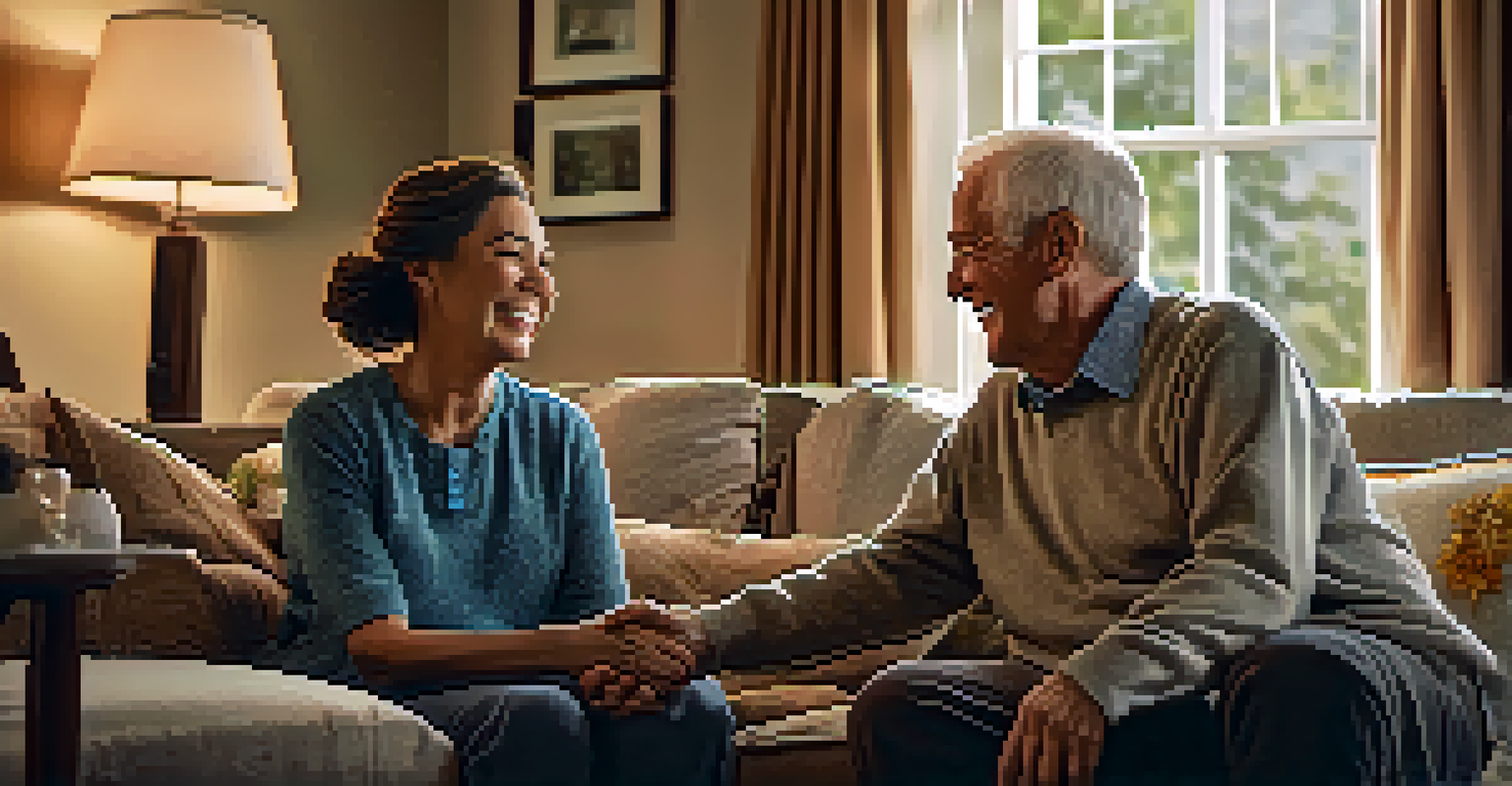 A caregiver and an older man sharing a laugh together in a cozy living room filled with family photos.