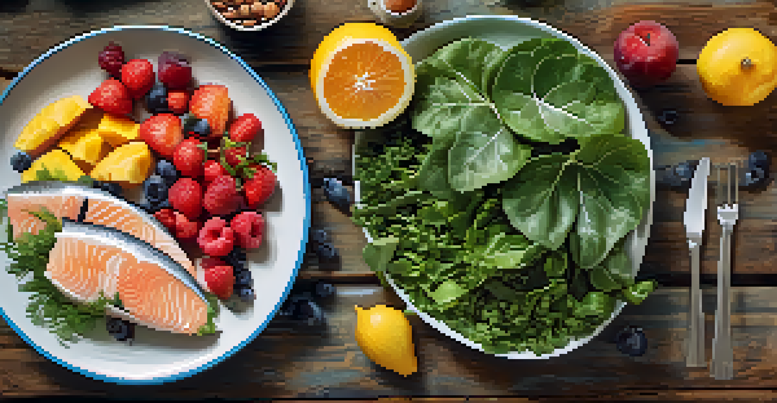 A close-up of a plate filled with leafy greens, fatty fish, nuts, and fruits on a wooden table.