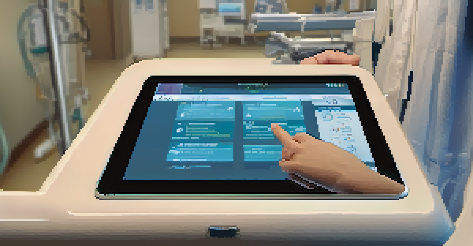 A close-up of a digital tablet showing a patient's electronic health record in a warm hospital room.