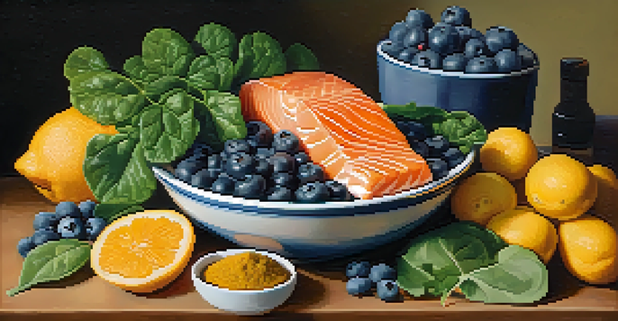 A colorful still life of anti-inflammatory foods including blueberries, salmon, leafy greens, and turmeric in a warm setting.
