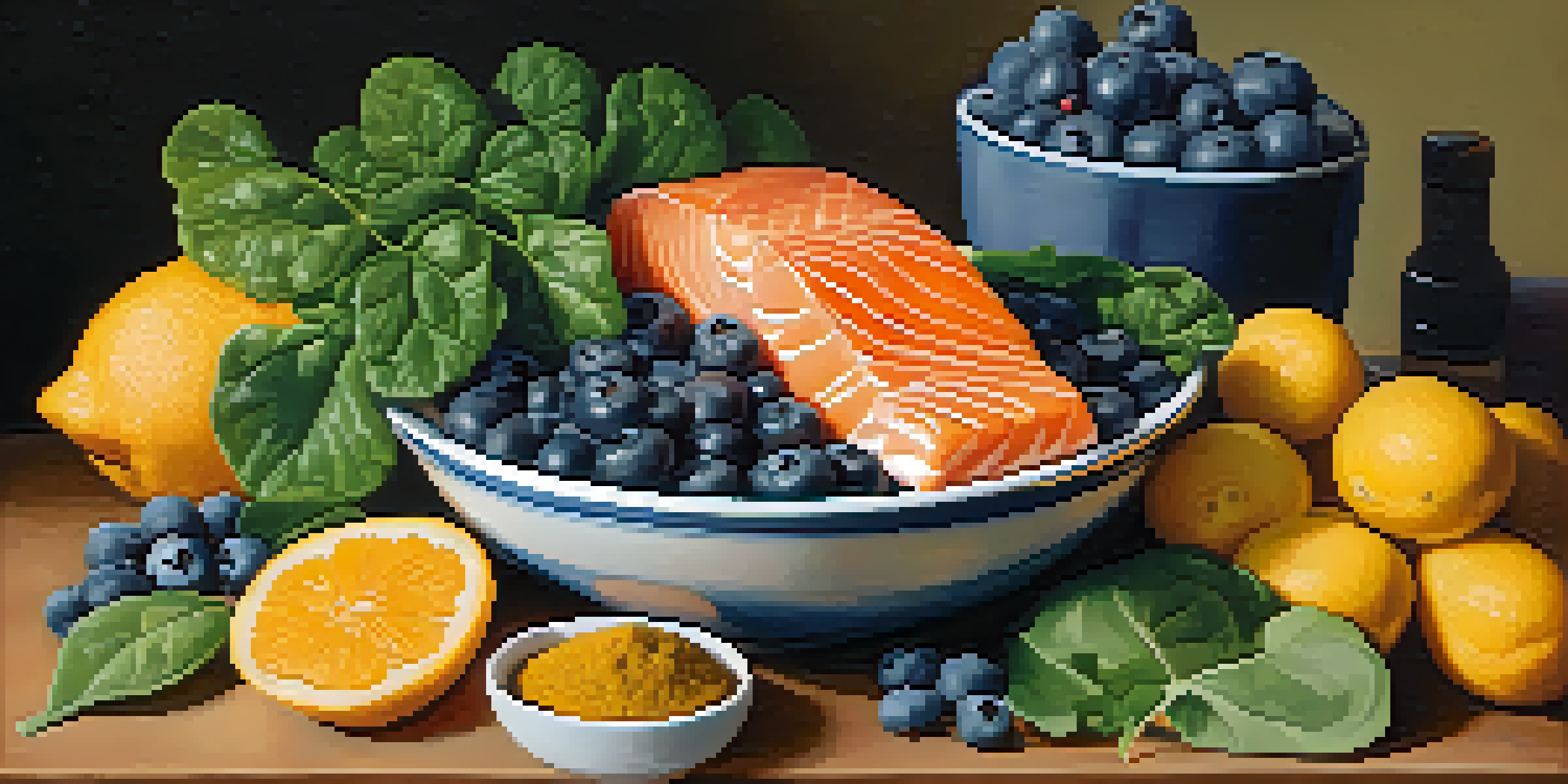 A colorful still life of anti-inflammatory foods including blueberries, salmon, leafy greens, and turmeric in a warm setting.