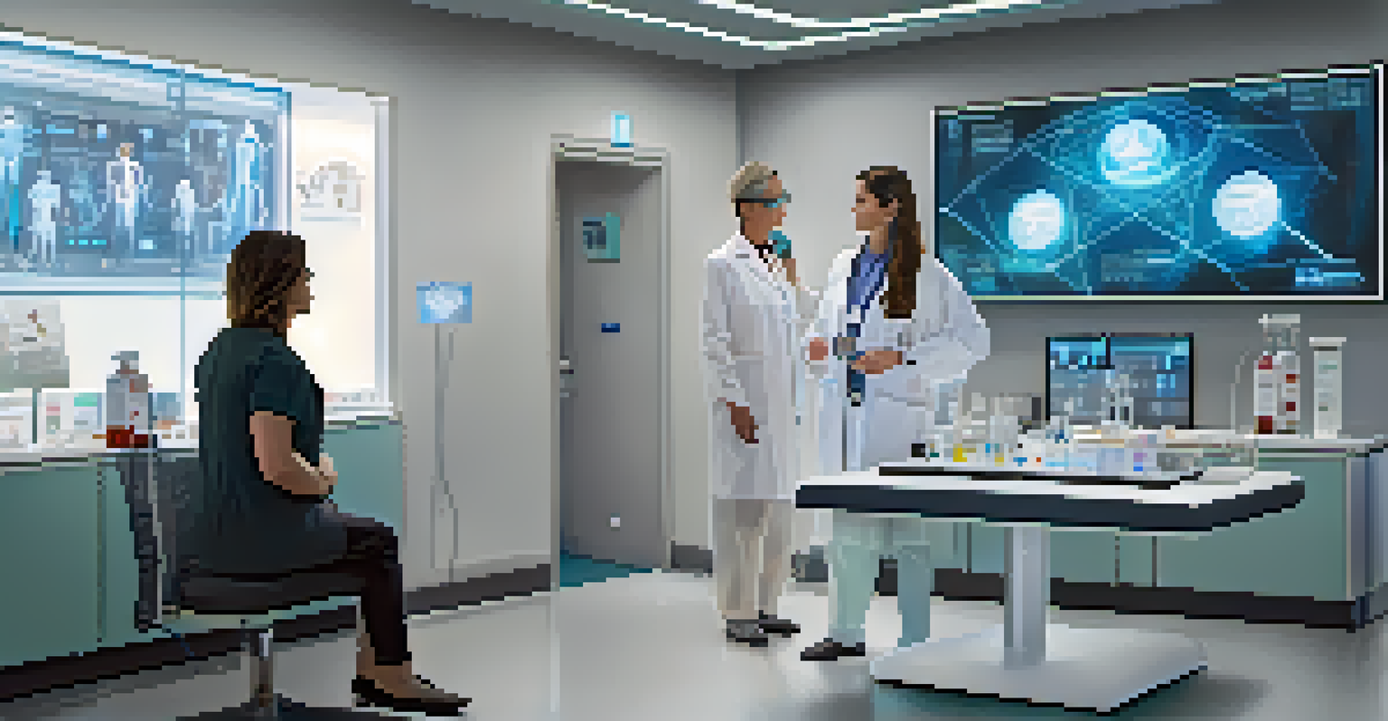 A patient interacting with a holographic display of DNA strands and medication options in a modern clinic.