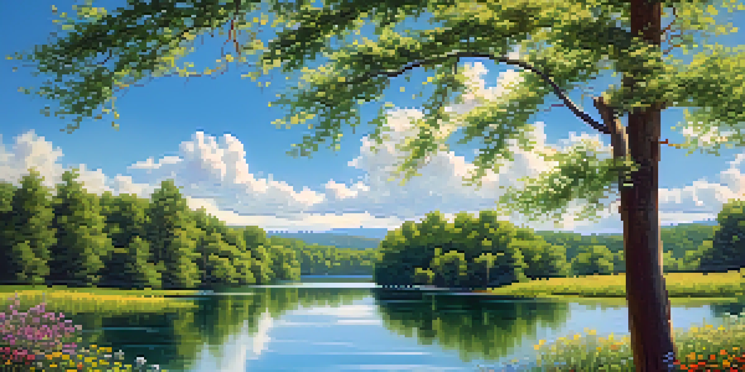 A peaceful lake scene with green trees and colorful wildflowers under a clear blue sky.