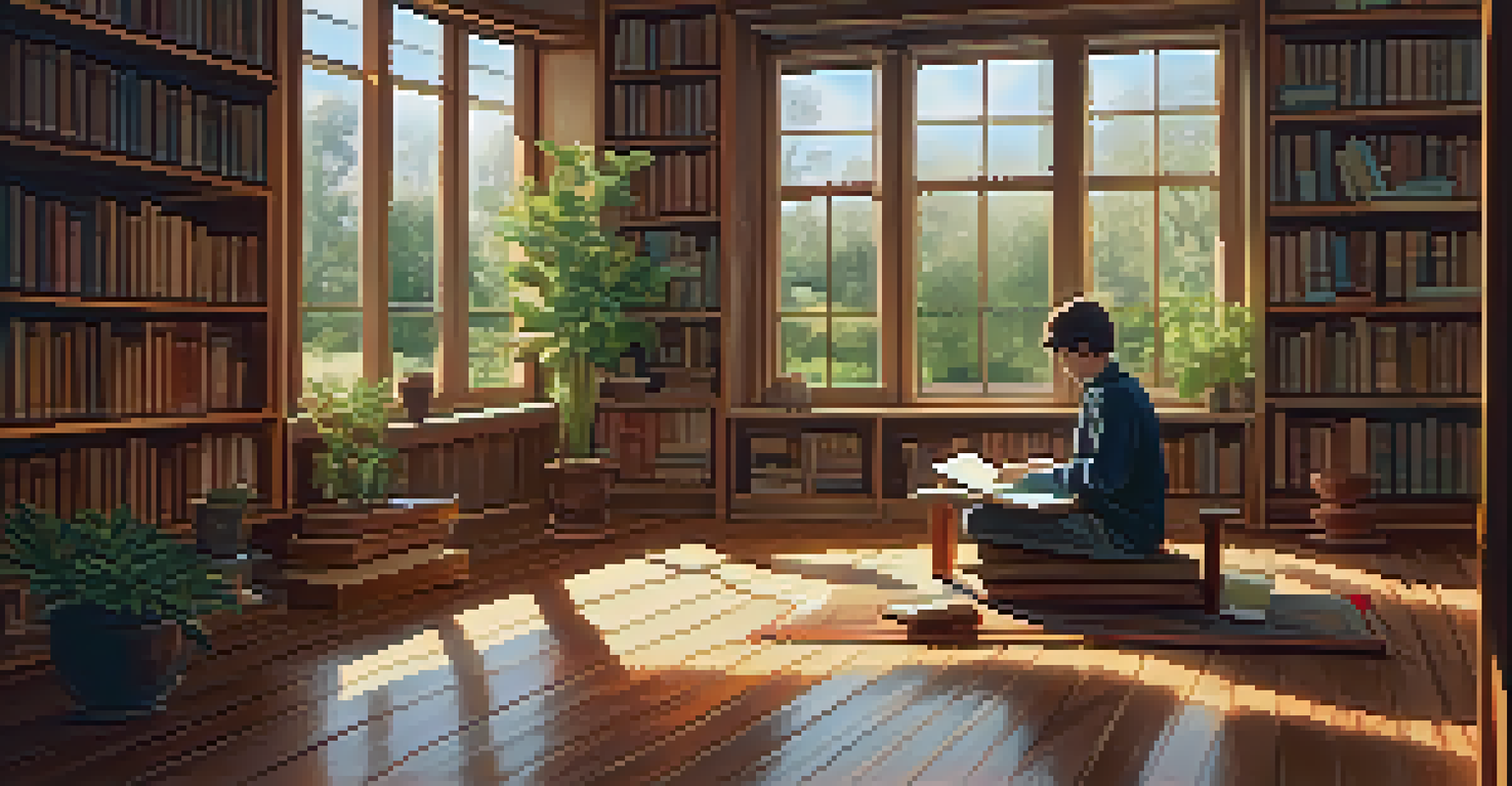 A cozy study room with a person meditating by a window, surrounded by books, plants, and warm sunlight.