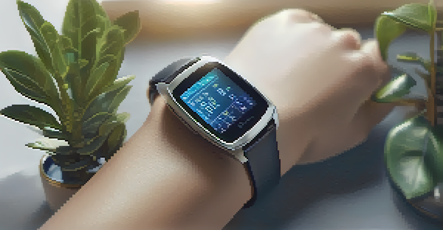 A wearable health monitoring device on a patient's wrist, displaying heart rate data in a serene home environment.