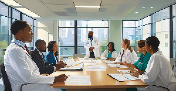 A diverse group of healthcare leaders discussing strategies at a bright conference table, featuring various ethnicities and genders.