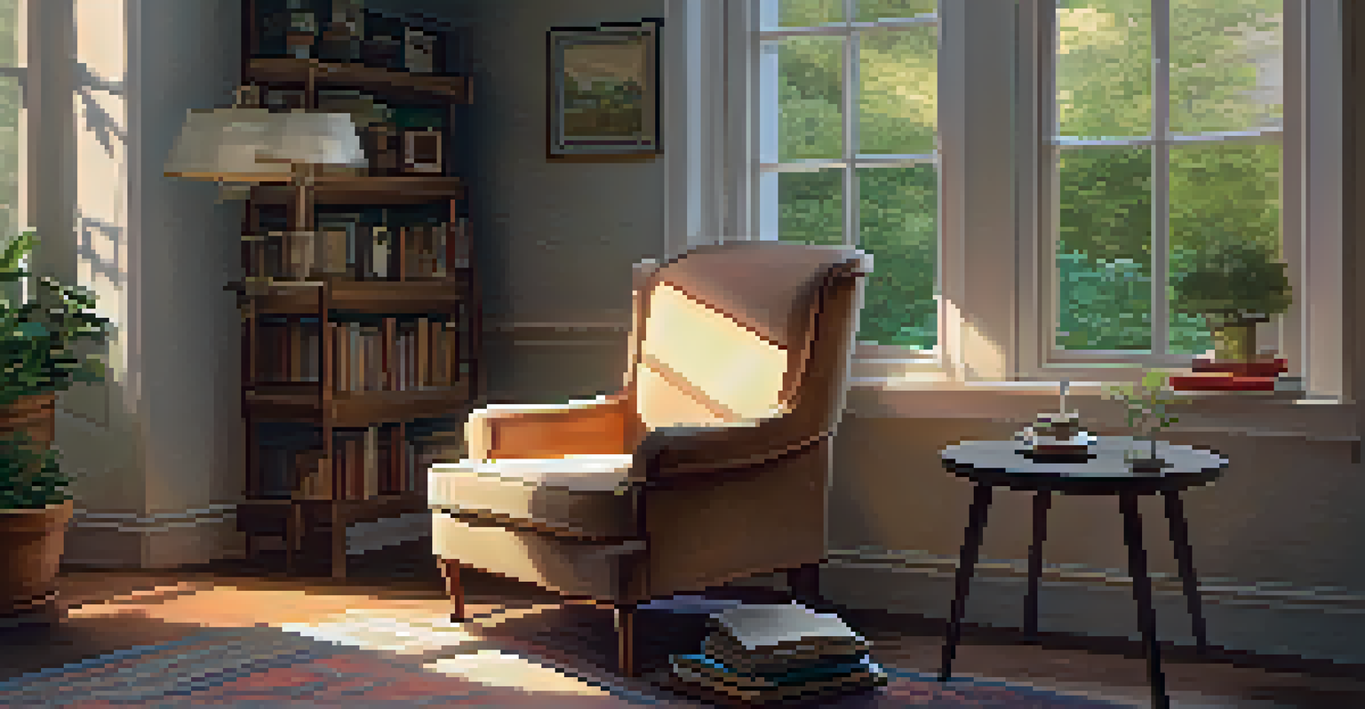 A cozy reading nook featuring an armchair, books, and a cup of tea, with a garden view outside the window.