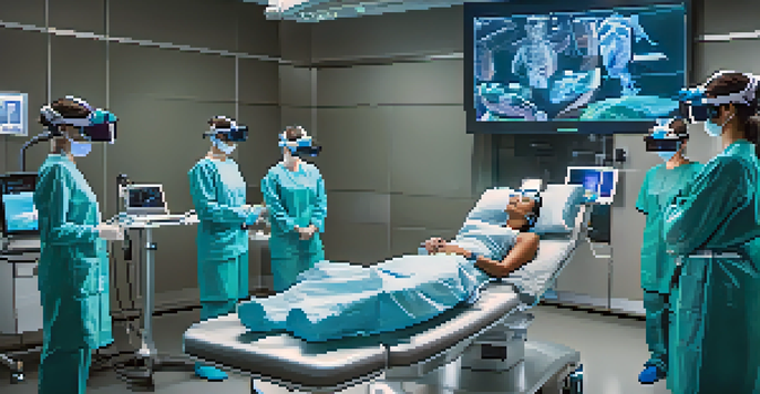 A group of healthcare professionals using virtual reality for medical training, surrounded by advanced medical equipment and holographic displays.