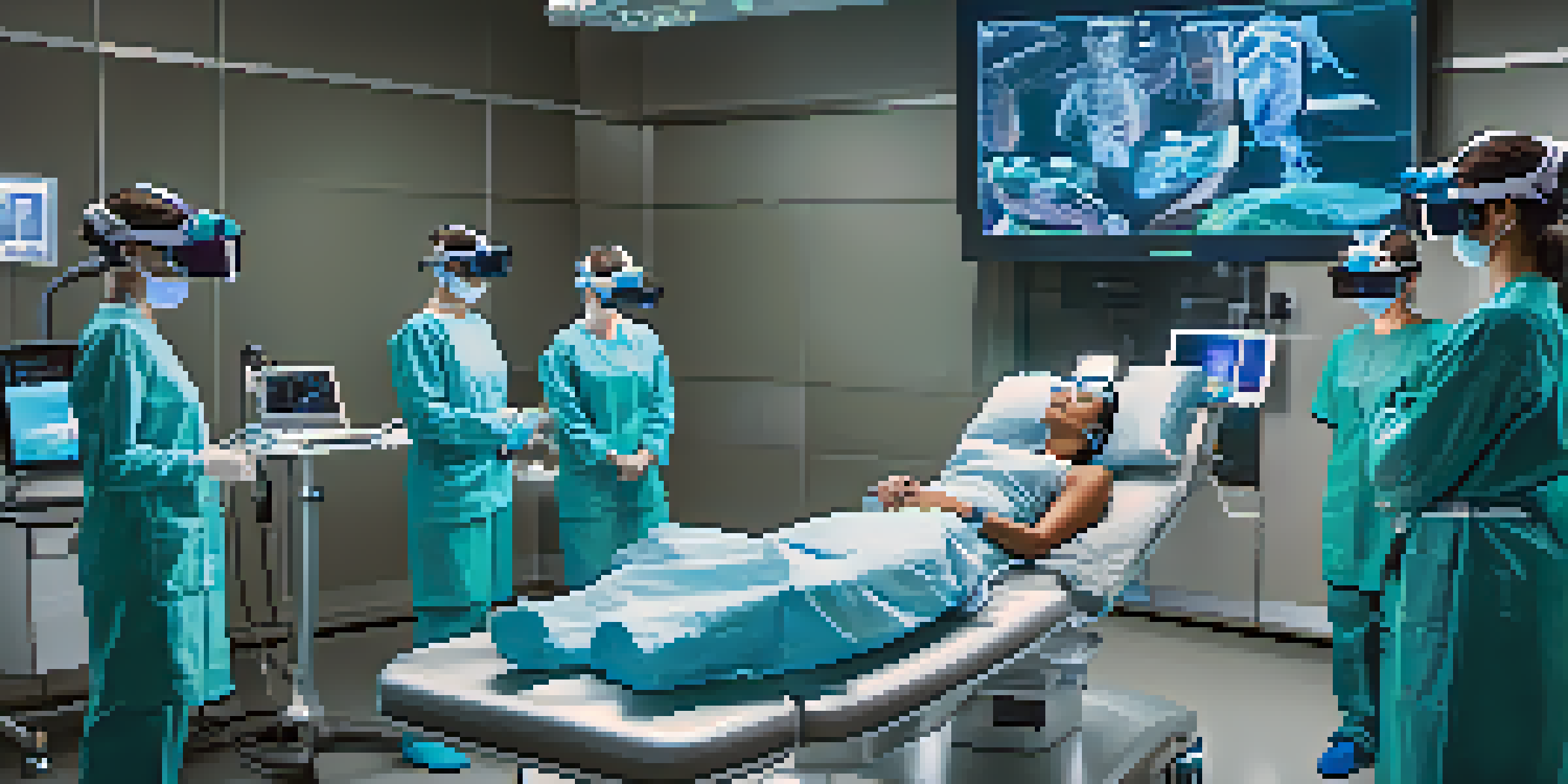 A group of healthcare professionals using virtual reality for medical training, surrounded by advanced medical equipment and holographic displays.