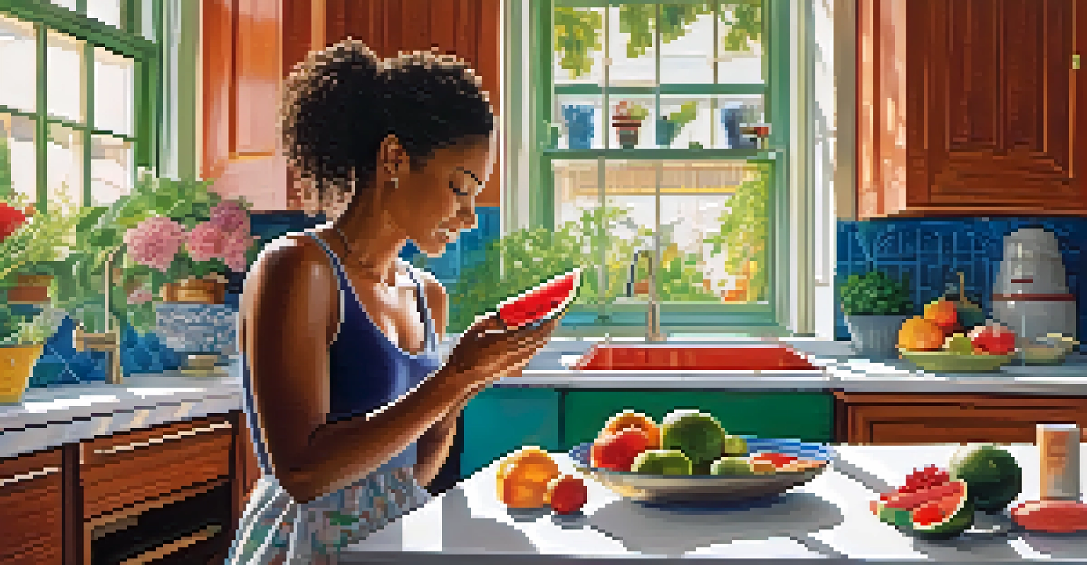 A person enjoying a slice of watermelon in a bright kitchen, emphasizing mindful eating with vibrant fruits on the table.