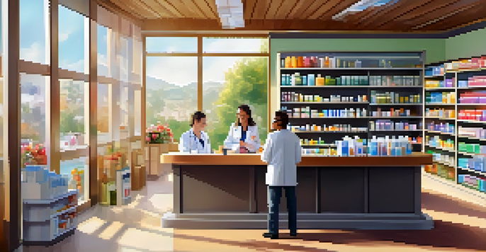 A pharmacist discussing a medication plan with a patient in a bright, modern pharmacy.