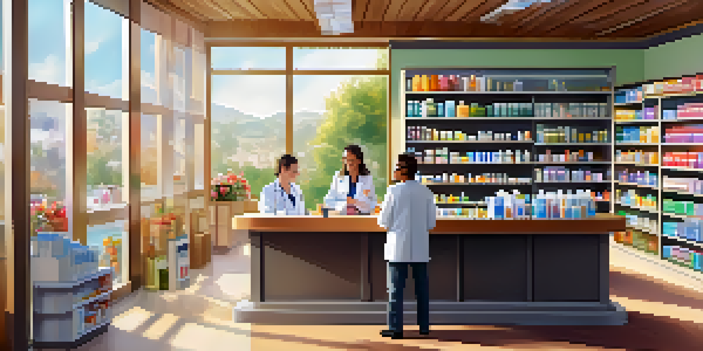 A pharmacist discussing a medication plan with a patient in a bright, modern pharmacy.