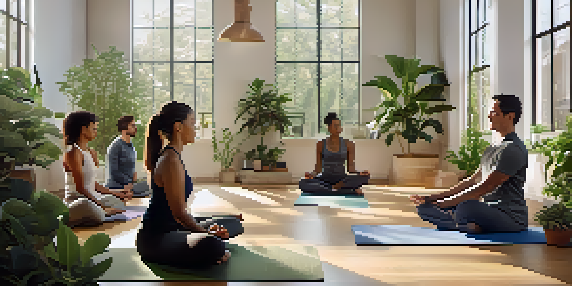 A diverse group of employees participating in a mindfulness session in a bright office with plants and natural light.