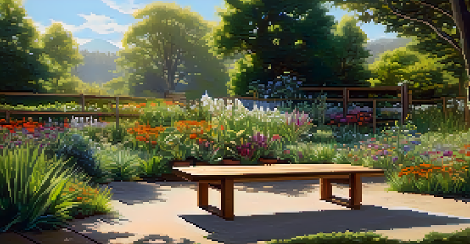 A peaceful herbal medicine garden with colorful plants and flowers, illuminated by soft sunlight, featuring a wooden bench in the foreground.